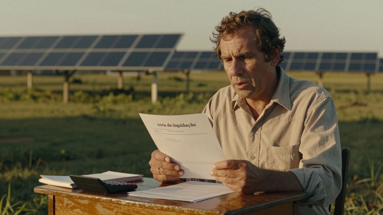 Homem sentado em escrivaninha ao ar livre, lendo um documento, com painéis solares ao fundo em um campo gramado.