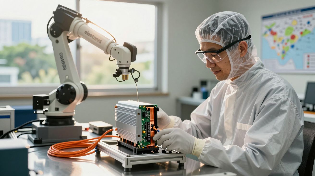 Técnico em roupa antiestática trabalhando em laboratório com robô e equipamento eletrônico em bancada de metal.