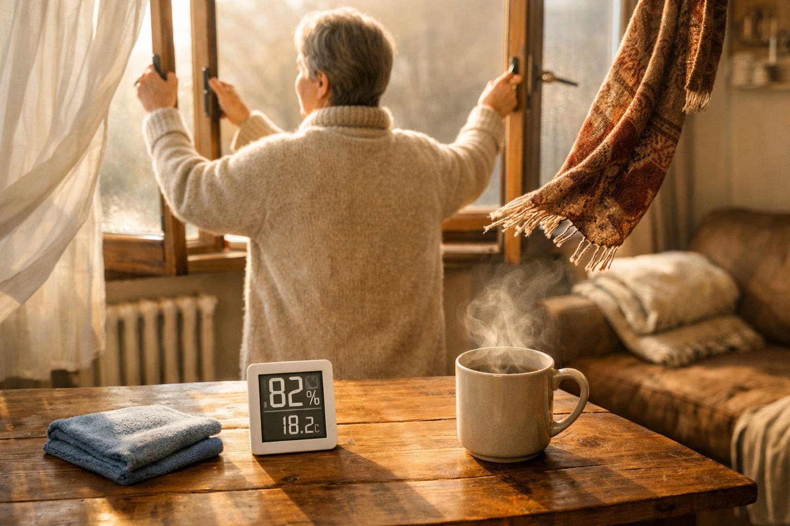 Pessoa abre janela, cortina esvoaçante, chá fumegante numa mesa com termómetro digital e toalhas dobradas.