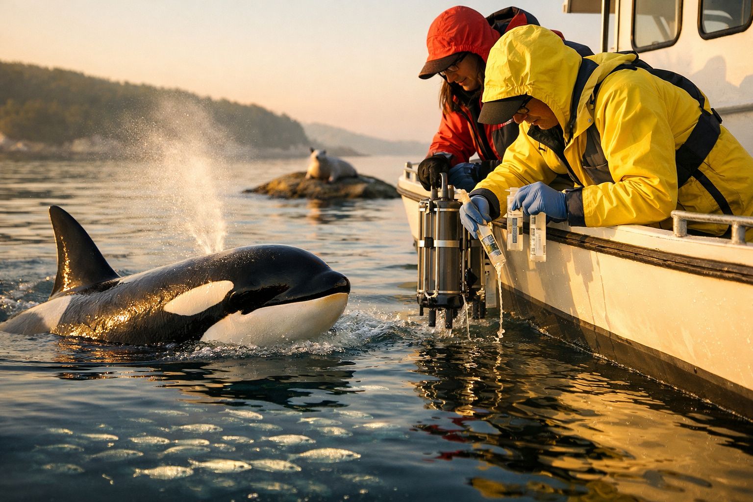 Cientistas recolhem amostras de água perto de uma orca, enquanto um leão-marinho descansa numa rocha ao fundo.