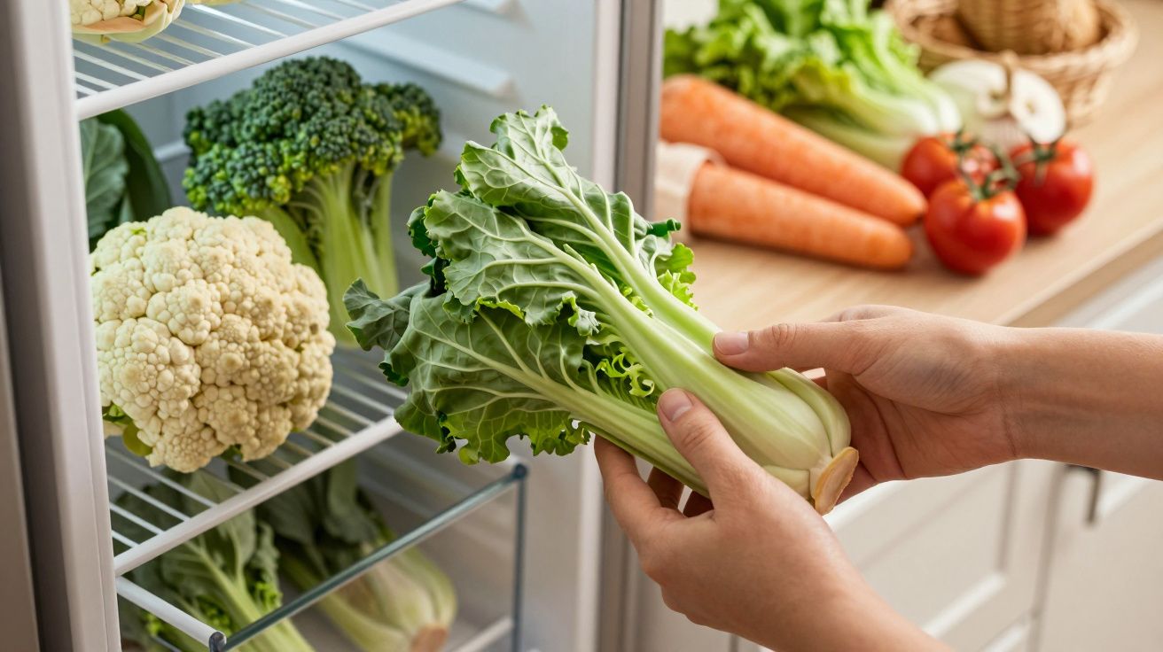 Pessoa a segurar folhas verdes de acelga fresca retiradas do frigorífico, com outros legumes visíveis ao fundo.