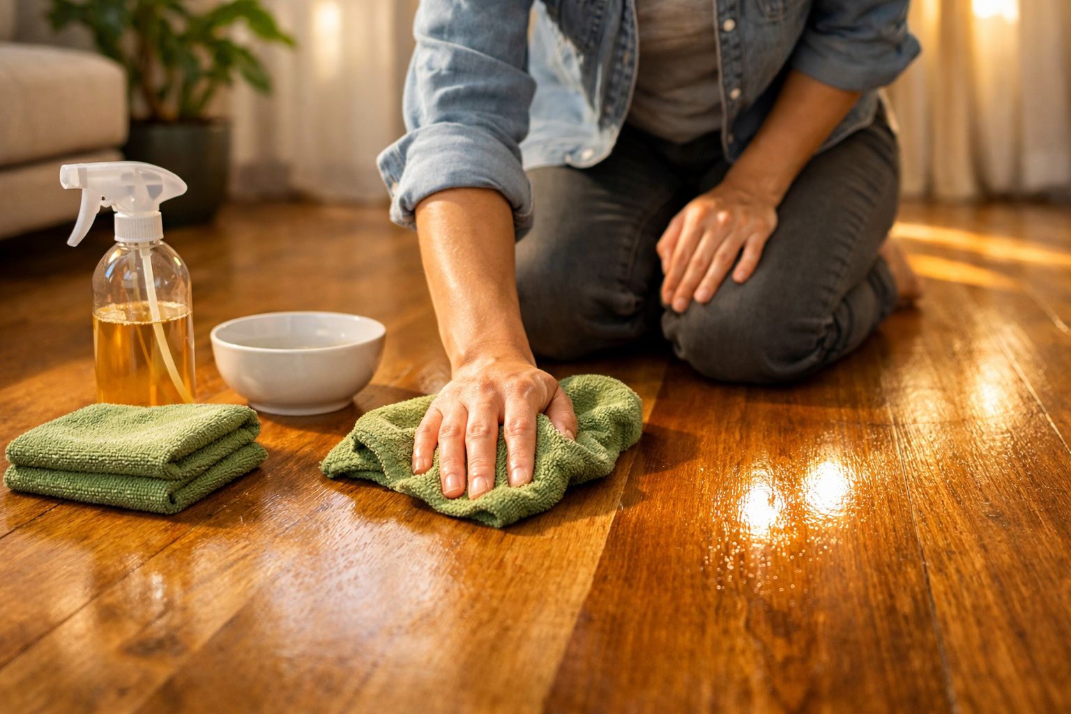 Pessoa a limpar chão de madeira com pano verde; produtos de limpeza ao lado.