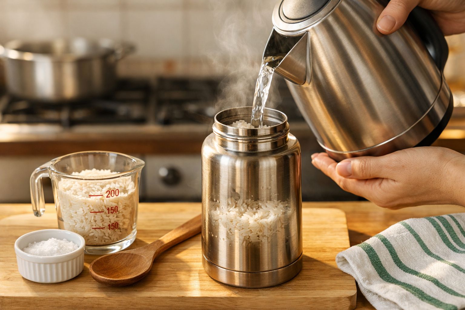 Mão a verter água quente numa garrafa térmica com arroz. Cronómetro e medidores de arroz na bancada.