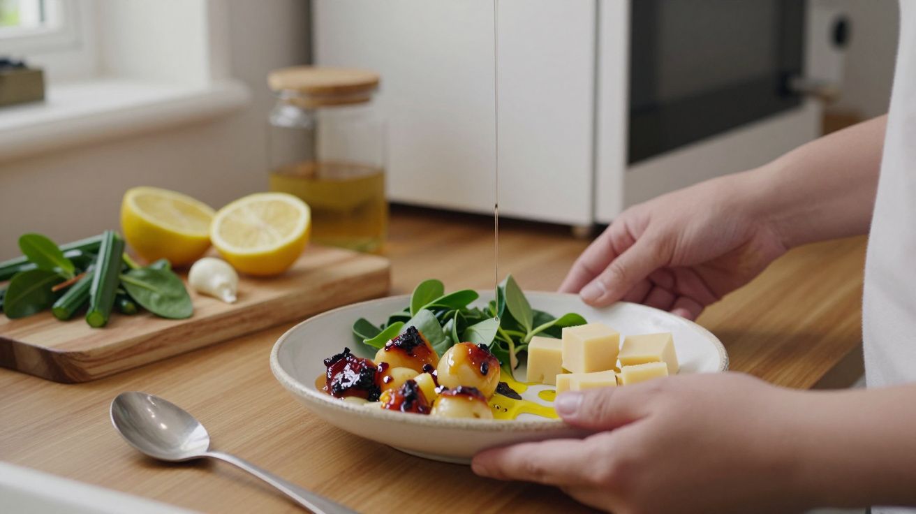 Mãos preparando salada com queijo, batatas, folhas verdes e azeite numa cozinha.