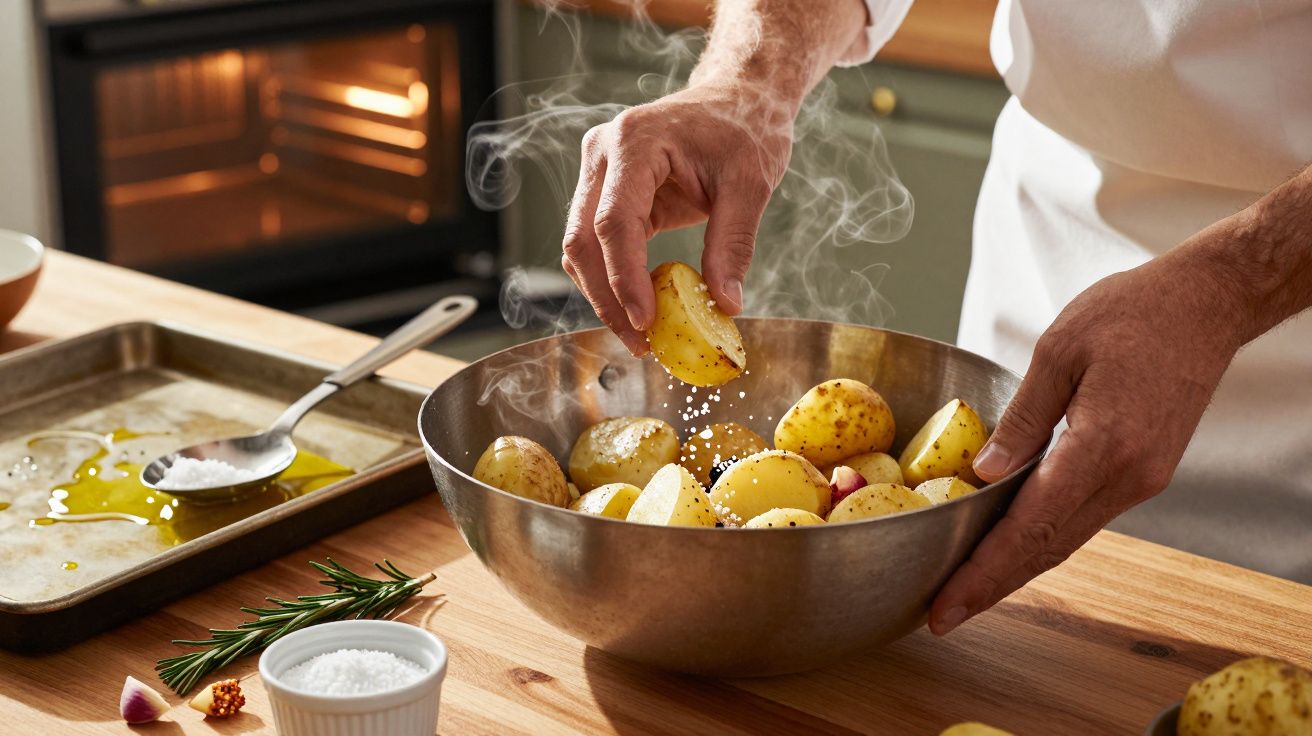 Pessoa tempera batatas cozidas com sal numa taça metálica, ao lado de um tabuleiro com azeite, alho e alecrim.