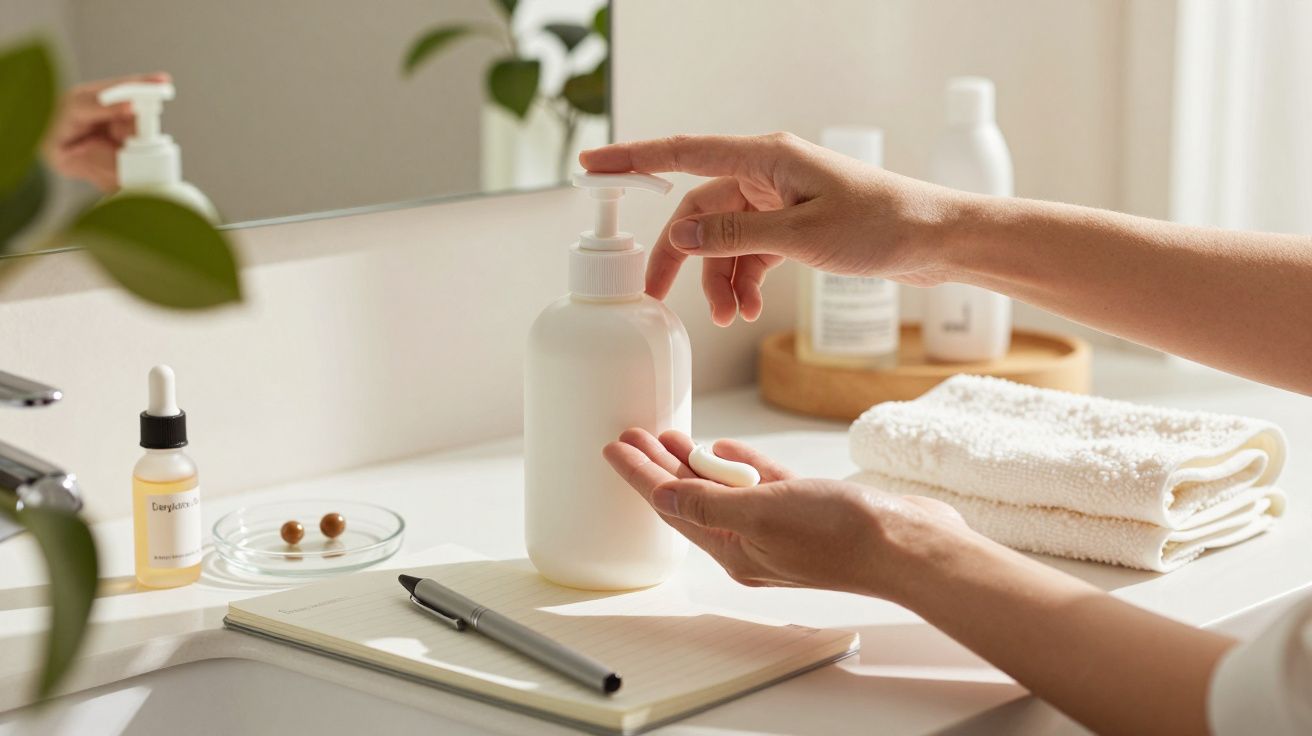 Mãos aplicando loção de um dispensador branco em casa de banho, com toalhas e produtos de cuidado sobre a bancada.
