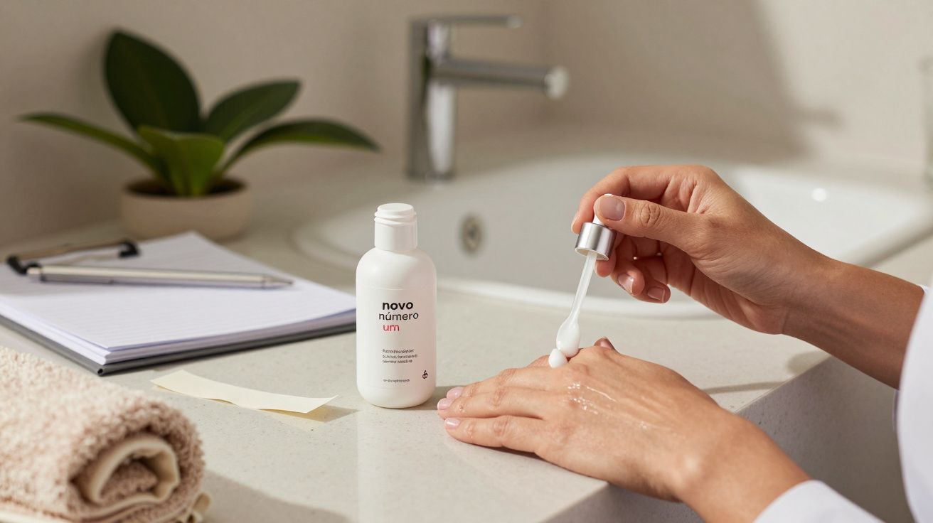 Mãos aplicando sérum de pele com conta-gotas ao lado de uma garrafa, toalha e planta numa bancada de casa de banho.