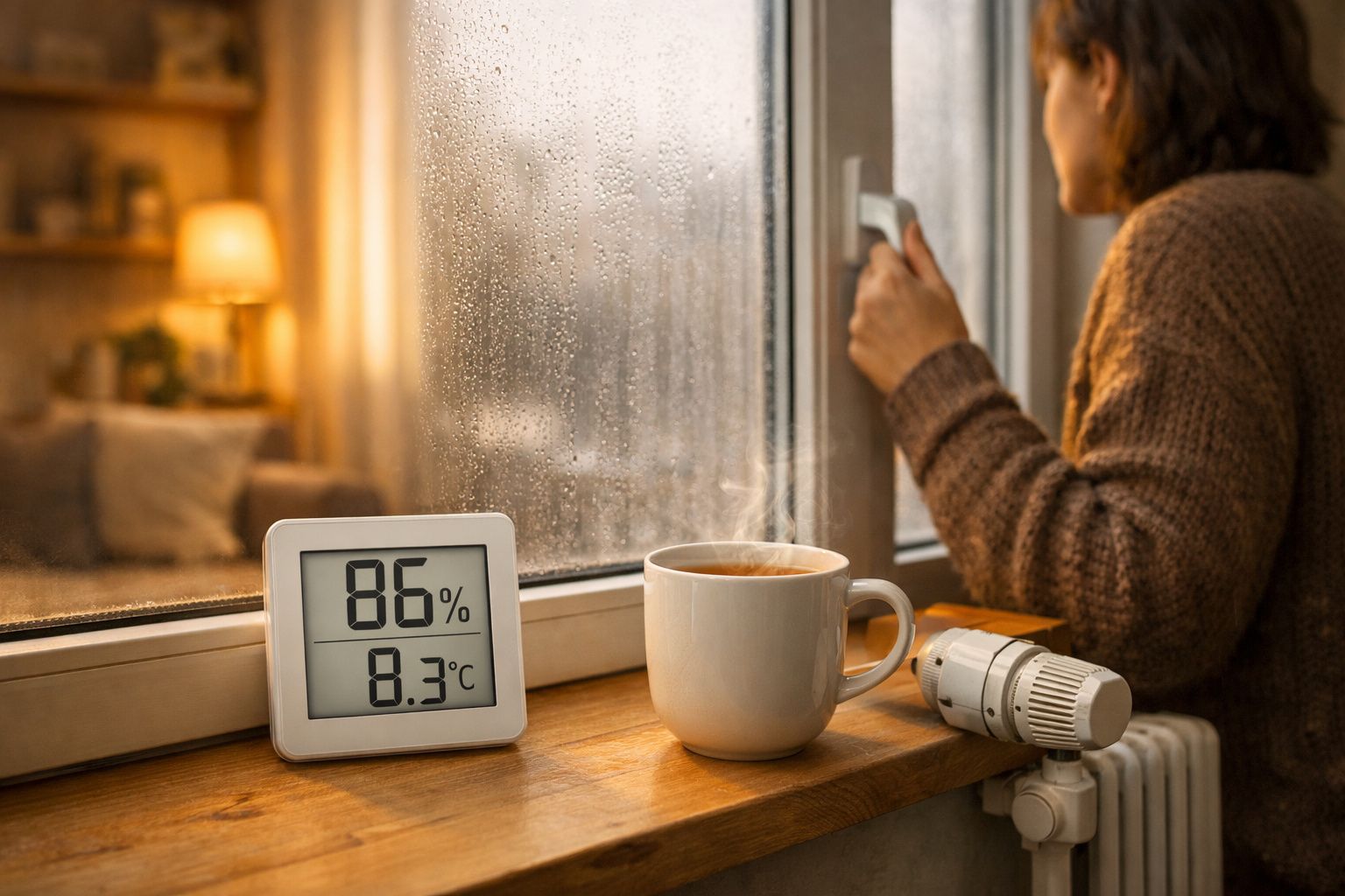 Mulher a fechar janela num dia chuvoso, caneca fumegante e medidor de humidade mostrando 86% e 8.3°C.