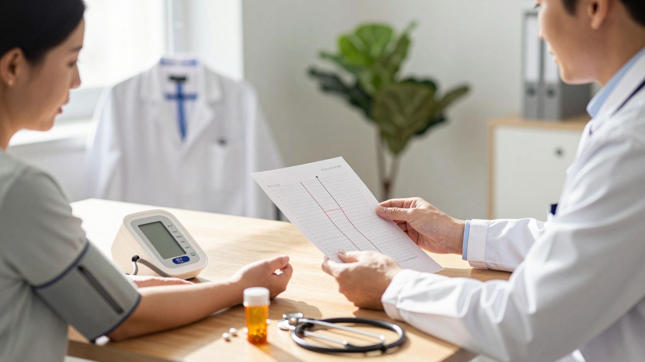 Médico revê gráfico com paciente numa consulta médica. Equipamento médico e comprimidos sobre a mesa.