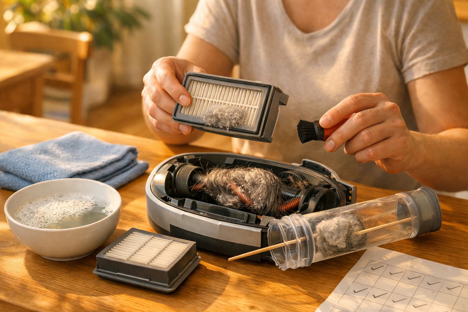 Pessoa a limpar peças de aspirador num chão de madeira, com filtro, escova e água com sabão ao lado.