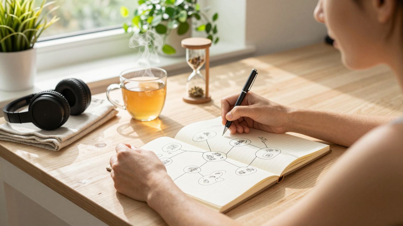 Pessoa escreve num caderno ao lado de uma chávena de chá, ampulheta e auscultadores sobre uma mesa iluminada pelo sol.