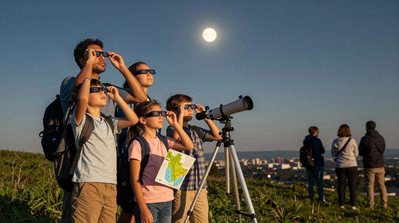Cinco pessoas observam o céu com óculos especiais e telescópio durante o dia, com uma cidade ao fundo.