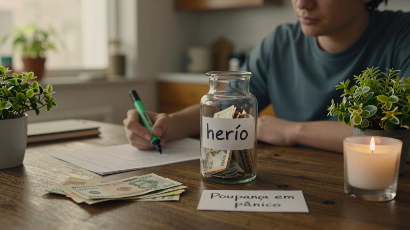 Homem a escrever à mesa com jarro de notas, vela acesa, e plantas pequenas. Rótulo no jarro: "herió". Sinal: "Poupança em pân