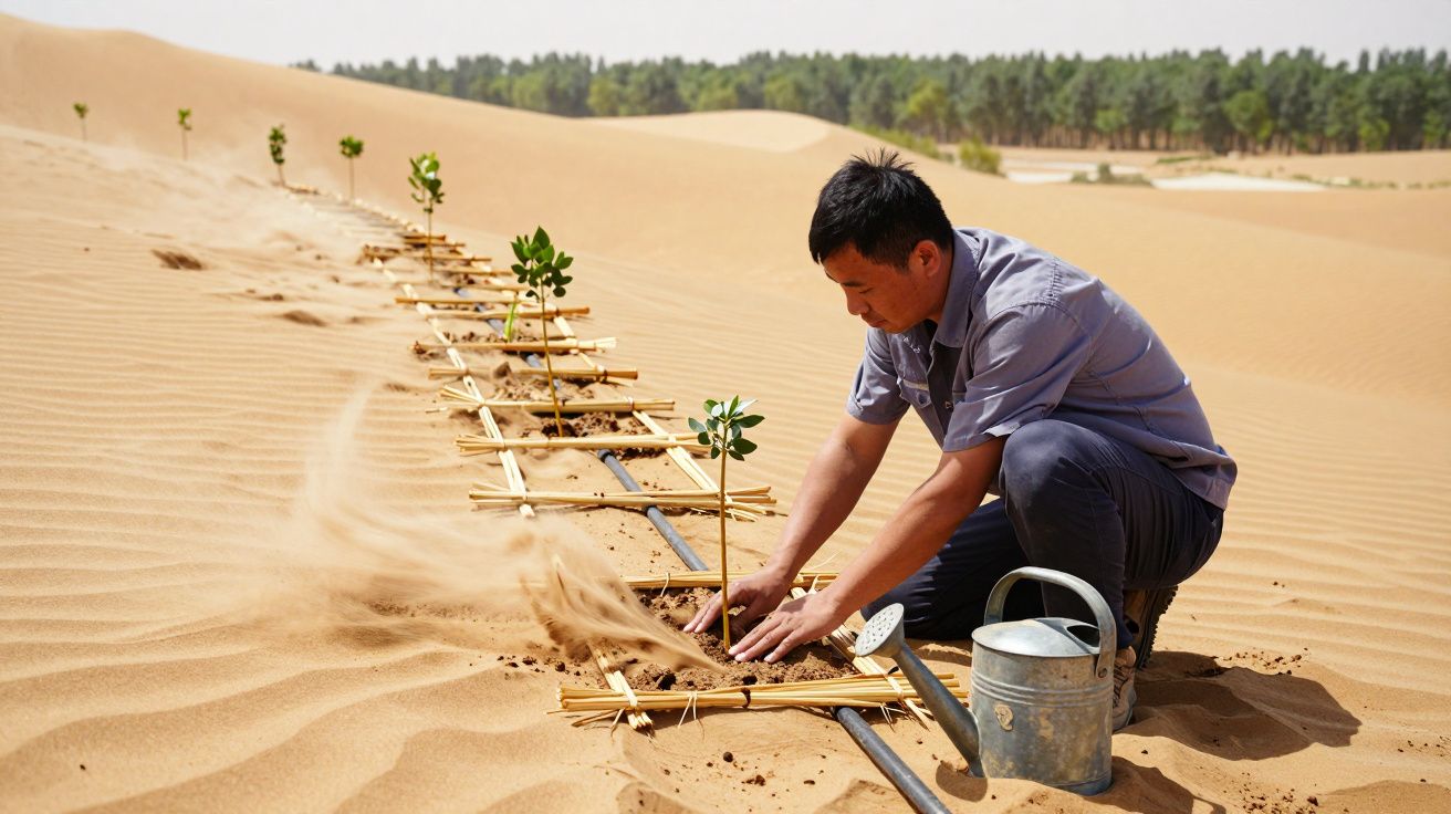 Homem a plantar mudas no deserto com regador ao lado; fileira de plantas em estrutura de madeira na areia.