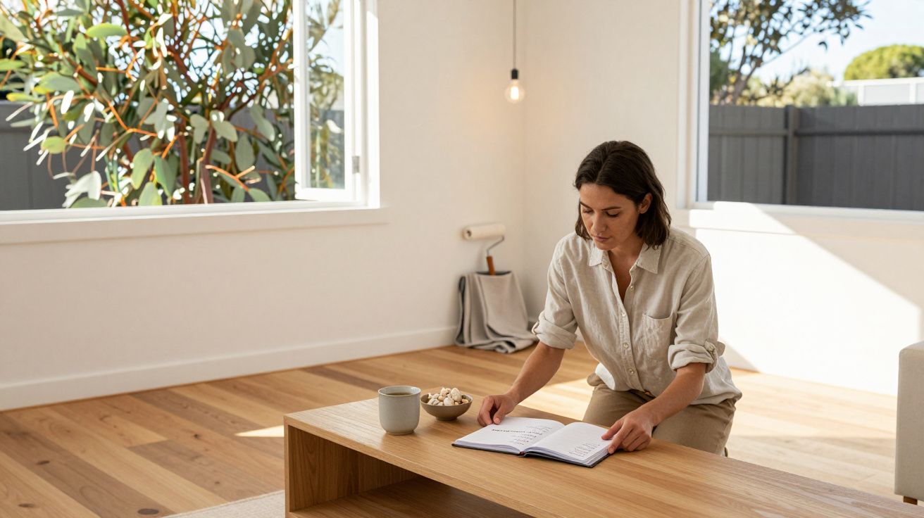 Mulher sentada a ler um livro numa sala iluminada, com plantas e janelas grandes ao fundo.