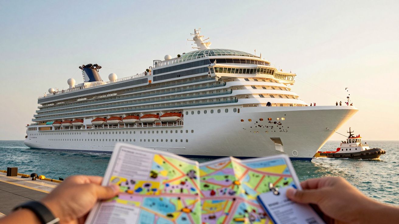 Navio de cruzeiro atracado no porto com pessoa segurando um mapa colorido em primeiro plano.