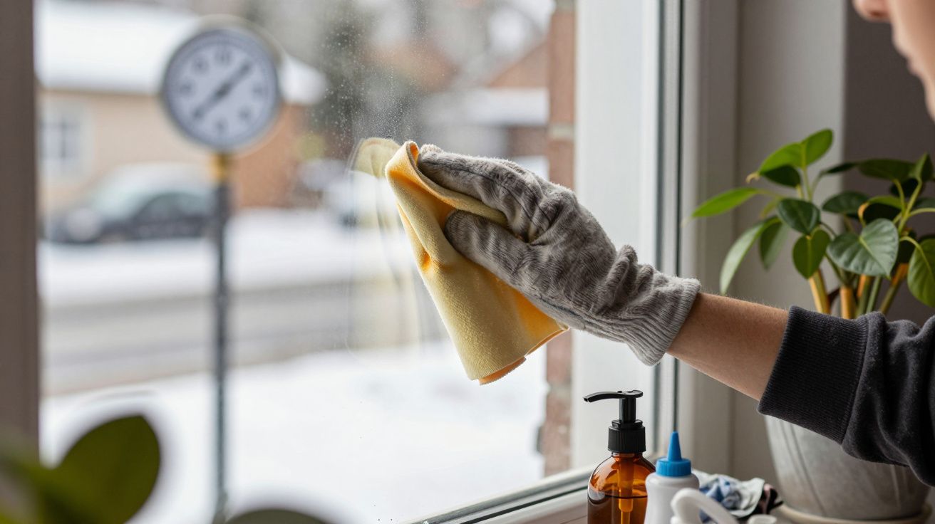 Mão com luva limpando janela com pano amarelo, plantas ao lado e neve lá fora.