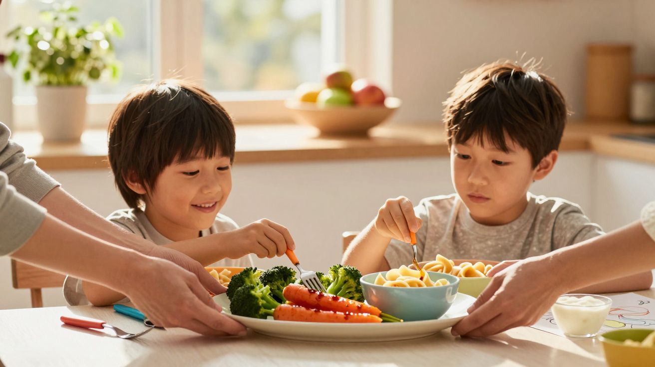 Duas crianças a comer à mesa, uma com um prato de massas e legumes e outra com legumes, com mãos de adultos a servir.