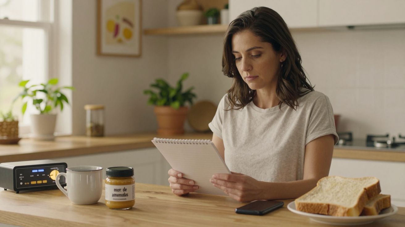 Mulher sentada numa cozinha, lendo um bloco de notas, com chá, torradas e um frasco de manteiga de amendoim na mesa.