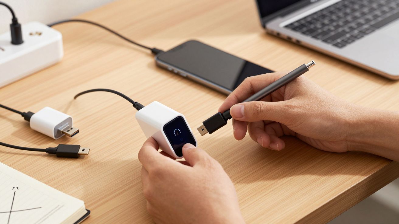 Pessoa a ligar um cabo USB a um carregador num escritório, com telemóvel e portátil na mesa.