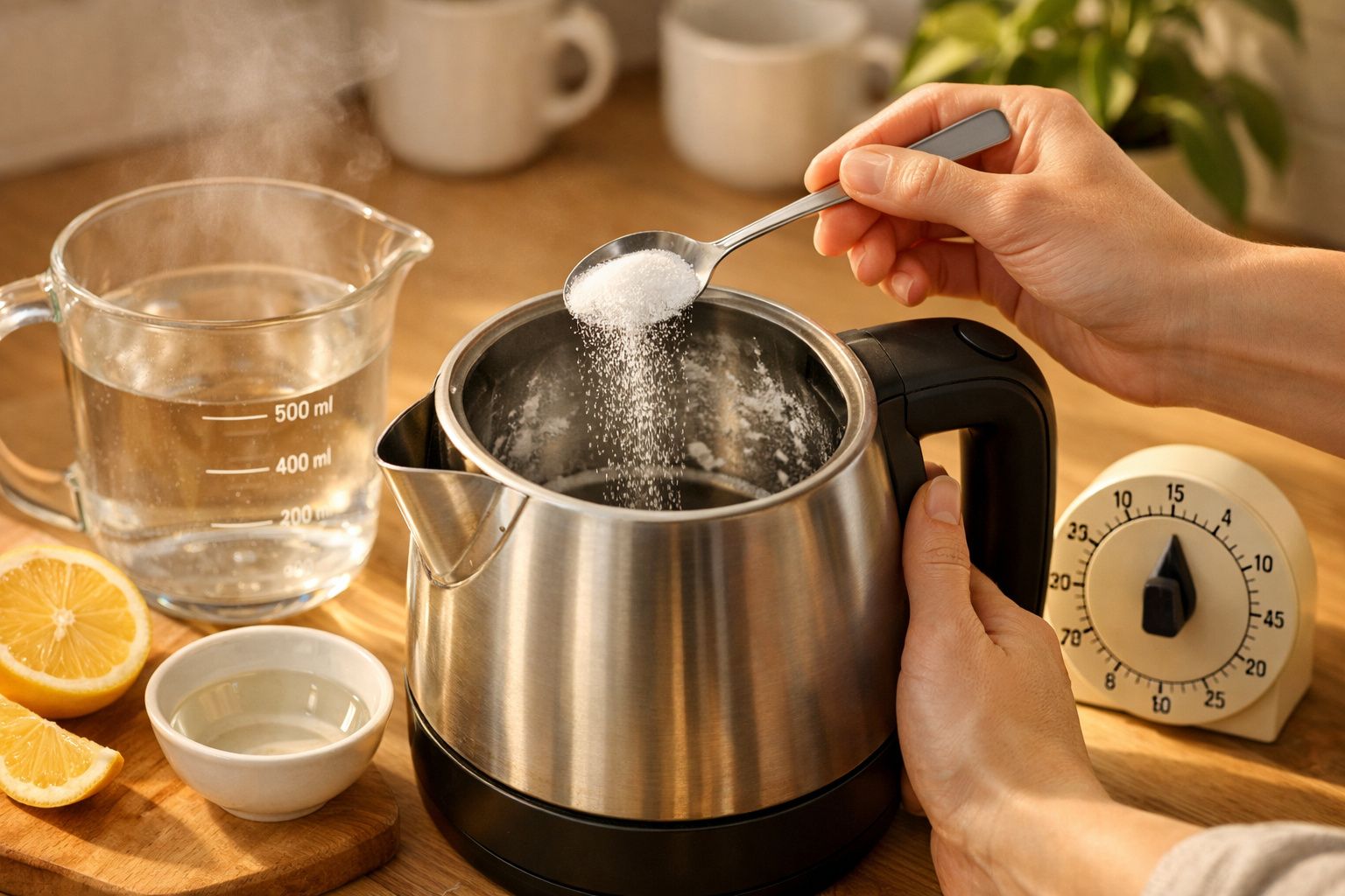 Pessoa adiciona colher de bicarbonato de sódio a chaleira; jarra com água e rodelas de limão.