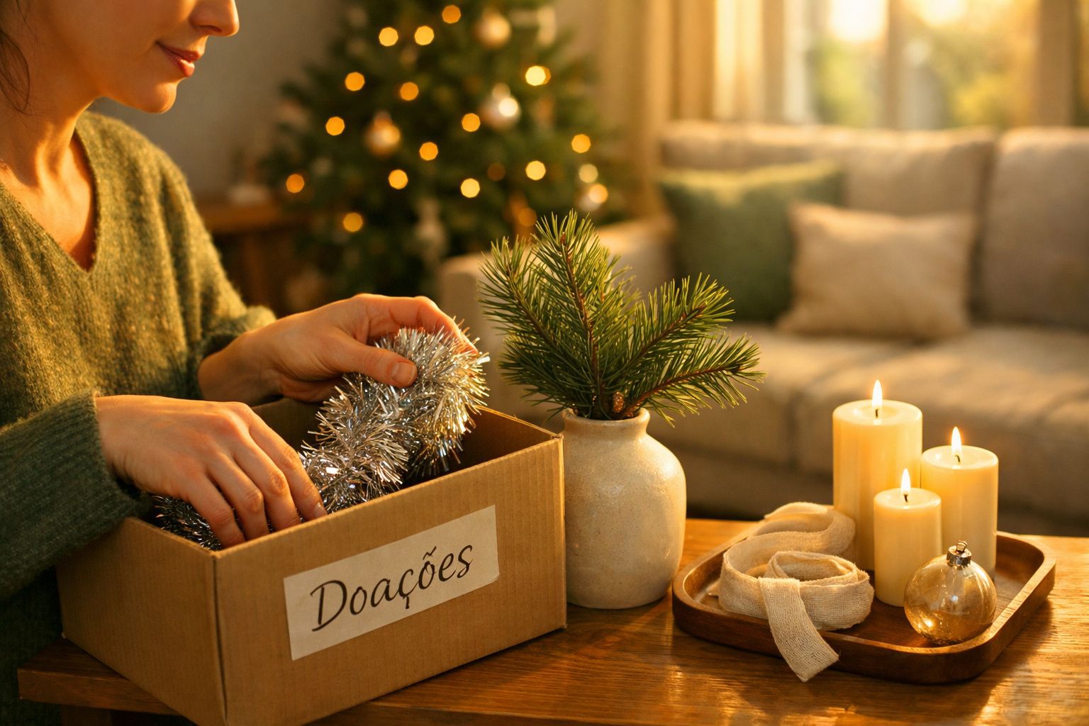 Mulher coloca decorações de Natal numa caixa de doações. Vela acesa e ramo de pinheiro decoram a mesa.