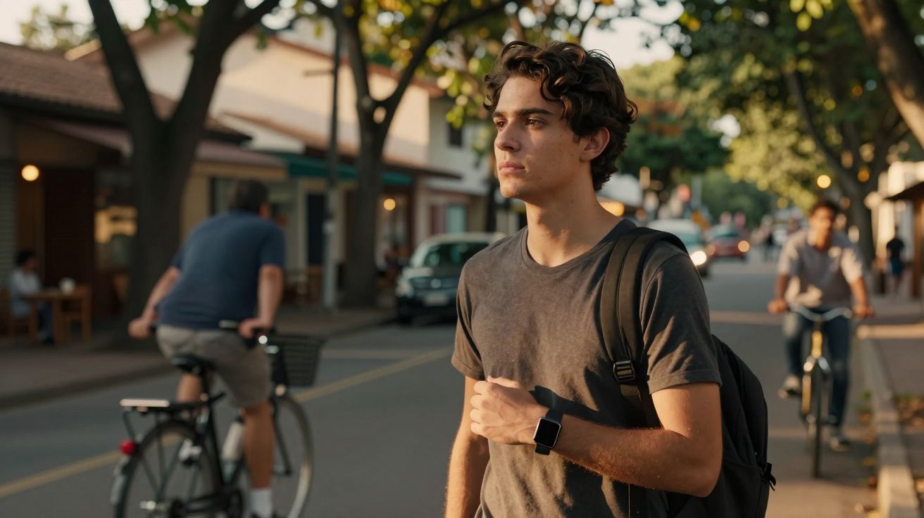 Jovem com mochila e smartwatch caminha numa rua arborizada, enquanto pessoas passam de bicicleta ao fundo.