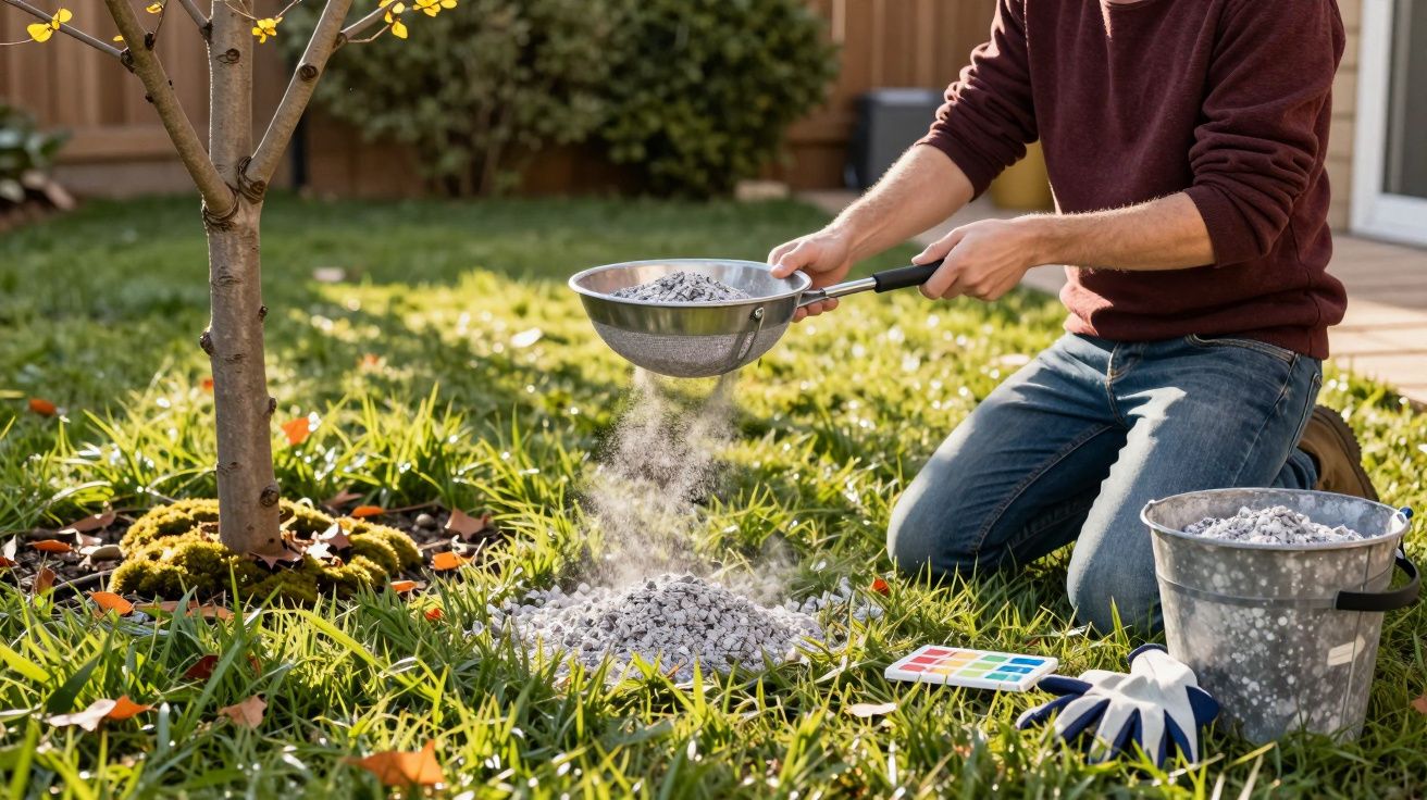 Pessoa ajoelhada num jardim espalha cinzas no solo perto de uma árvore, com balde e peneira ao lado.