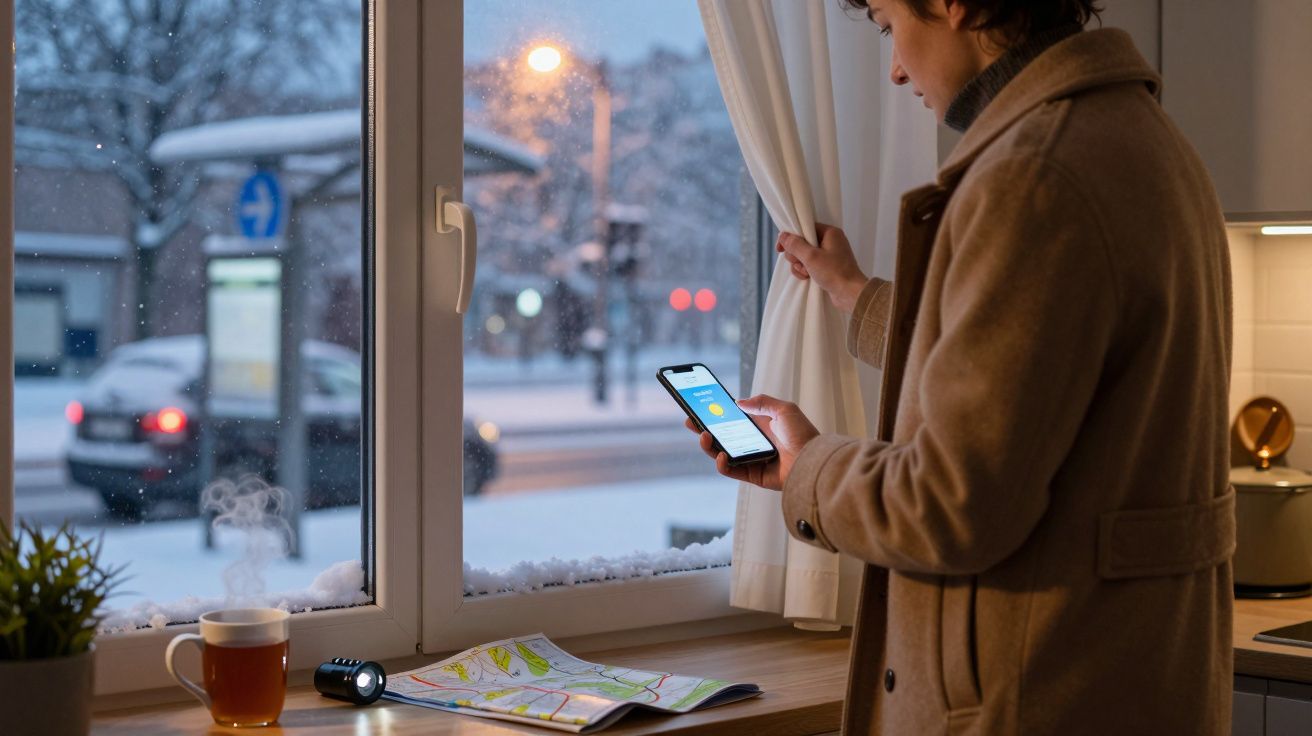 Homem junto à janela nevada, usando smartphone, com mapa e chá sobre a bancada, vista de rua ao fundo.