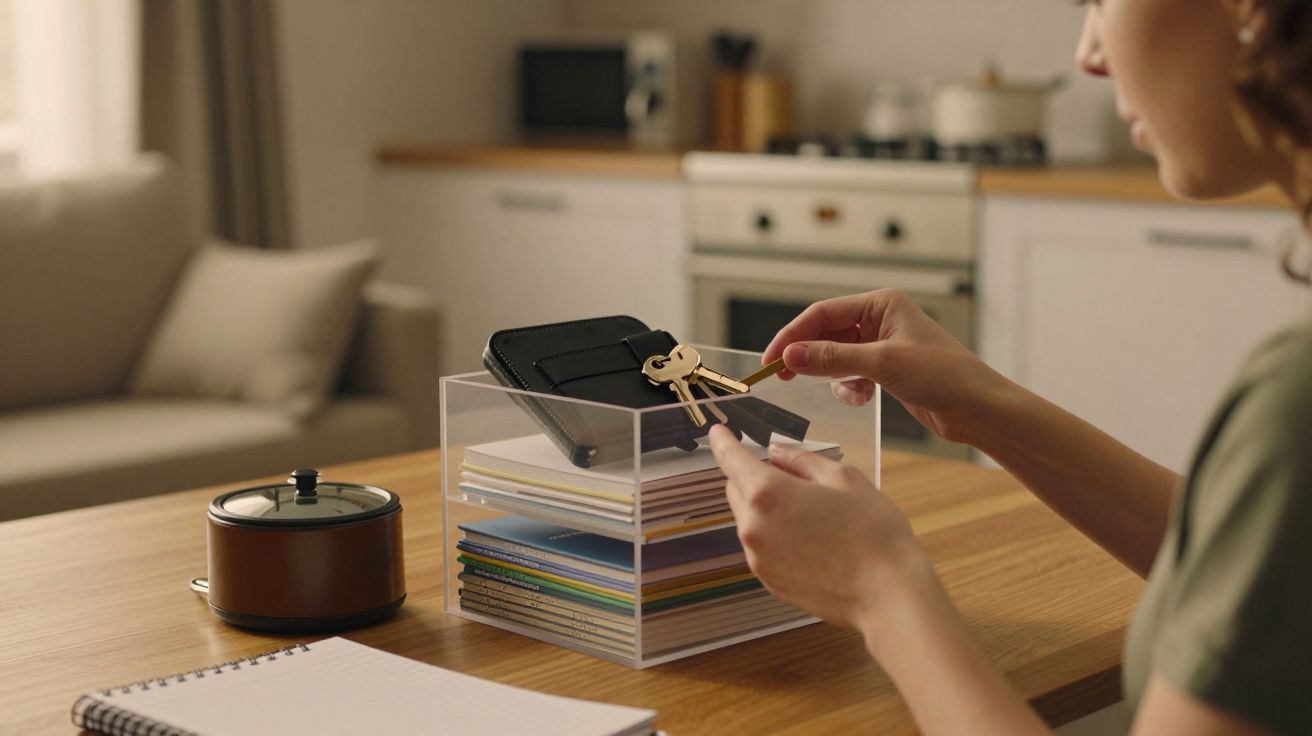 Mulher guarda chaves e telemóvel numa caixa transparente sobre mesa na cozinha, ao lado de um caderno e panela.