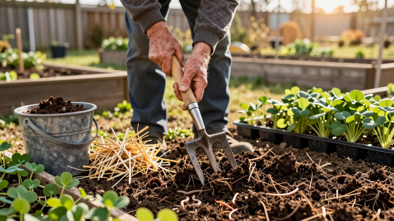 Pessoa cultivando um jardim, usando uma forquilha para preparar a terra. Plantas jovens e um balde ao lado.