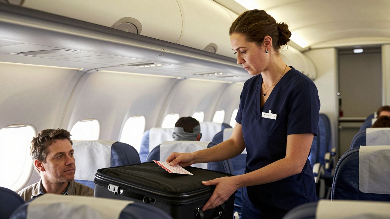 Assistente de voo em avião a ajudar passageiro com mala de cabine, verificando etiqueta.