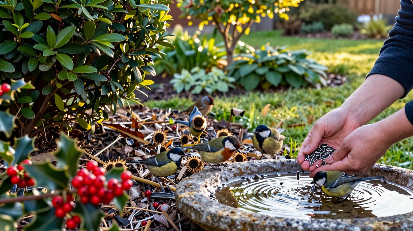 Mão alimenta chapins num jardim, próximos a um bebedouro de pedra com água, rodeados de plantas e frutos vermelhos.