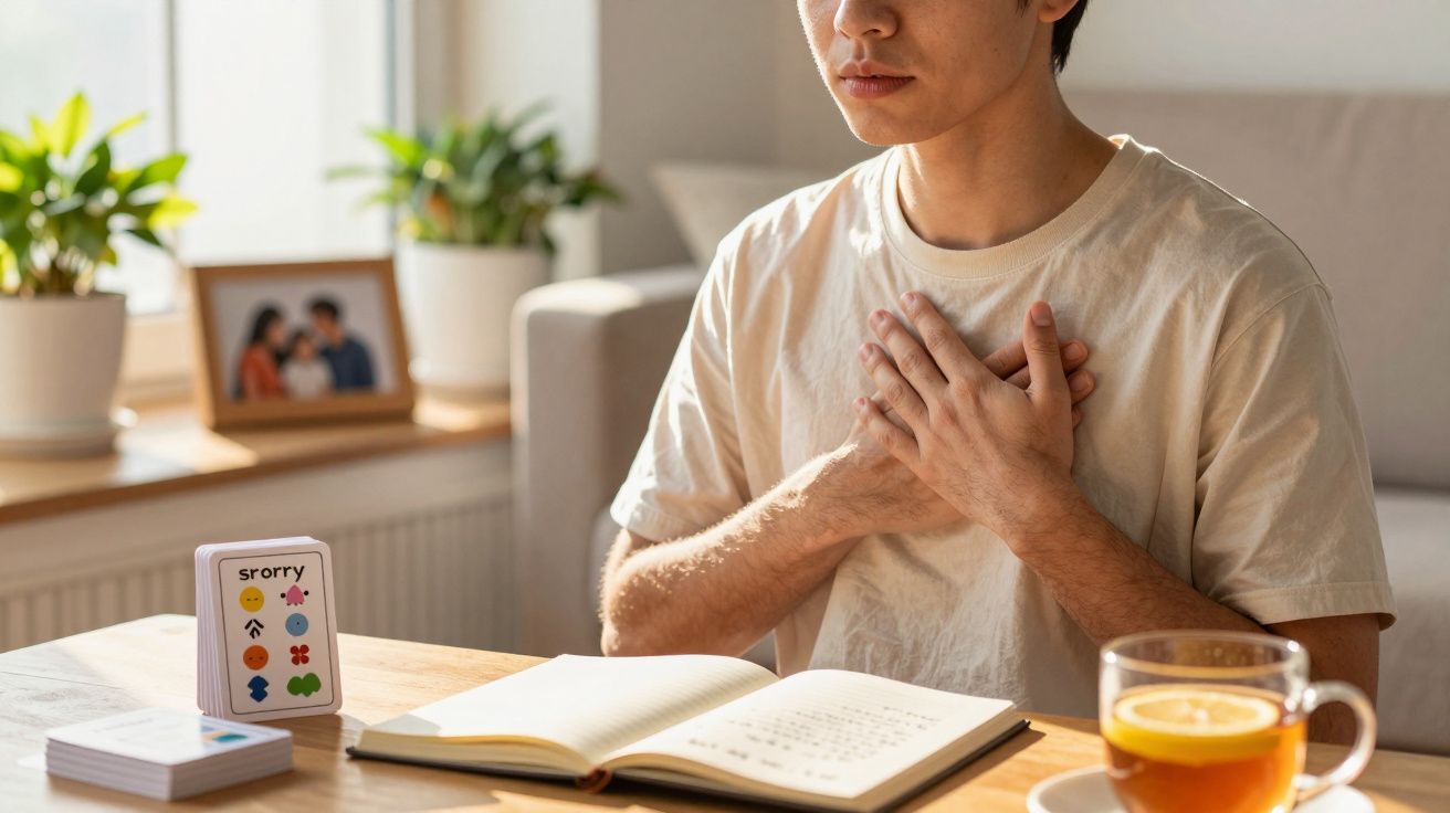 Homem meditando com as mãos no peito, livro aberto à frente e chá na mesa, rodeado de plantas.