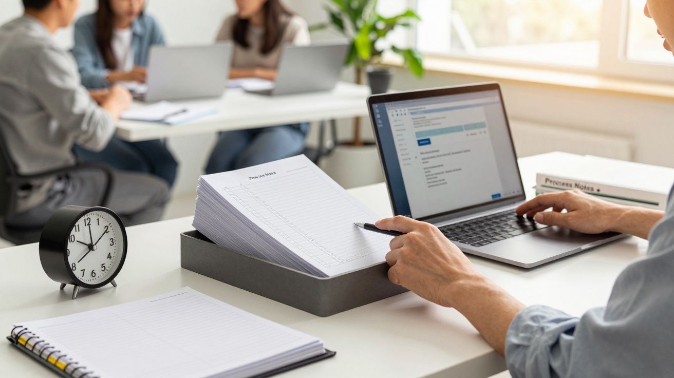 Pessoa a trabalhar num portátil numa mesa de escritório, com papéis, relógio analógico e outras pessoas ao fundo.