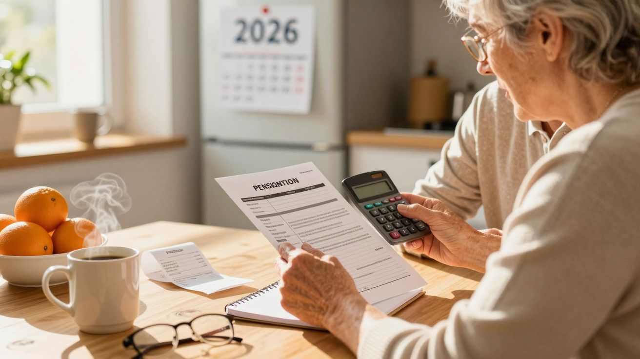 Idosa lê documento de pensão com calculadora na mão, numa mesa com café e frutas. Calendário de 2026 ao fundo.