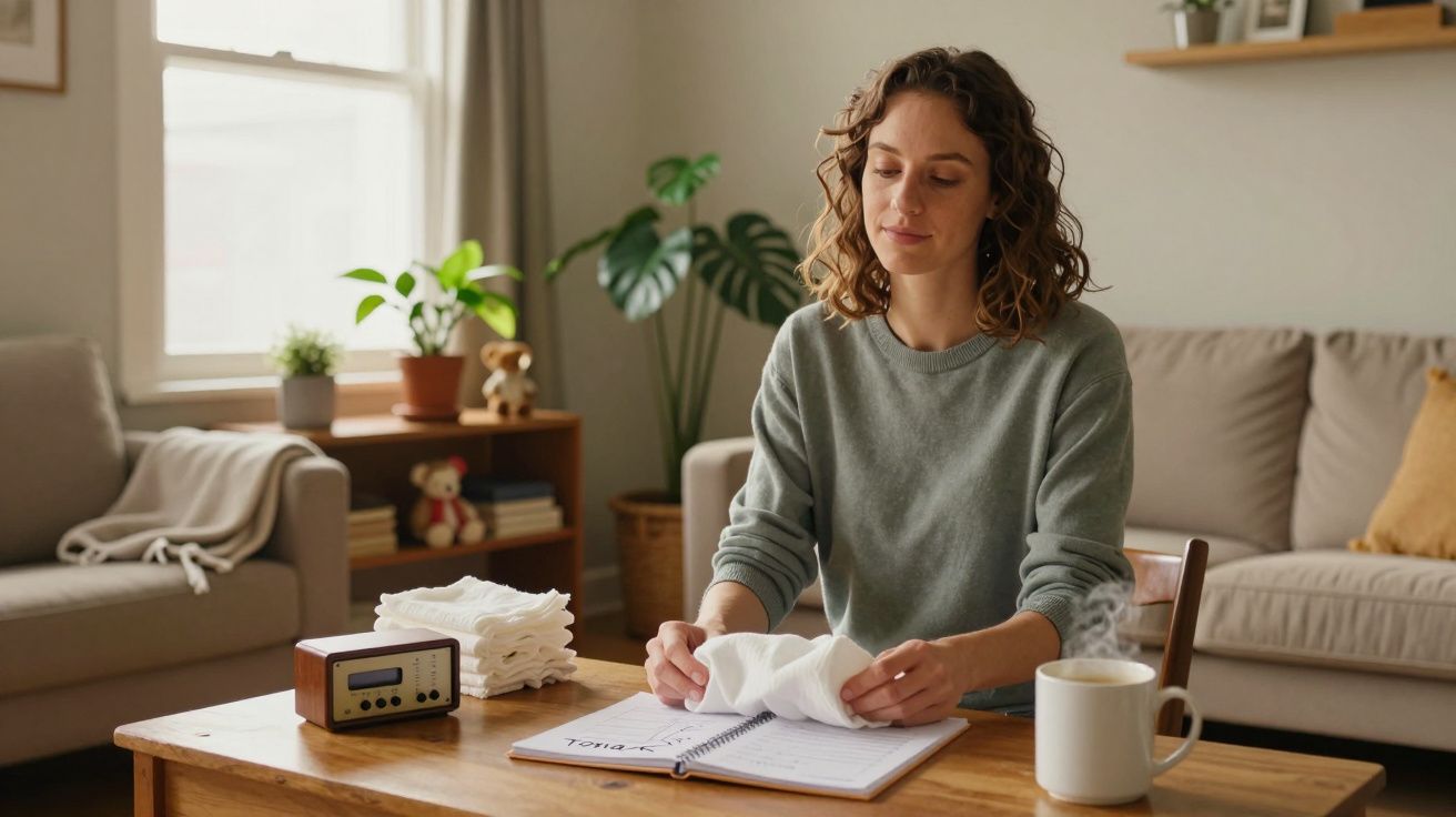 Mulher sentada à mesa com diário, guardanapos e chá, numa sala acolhedora com plantas e sofá.
