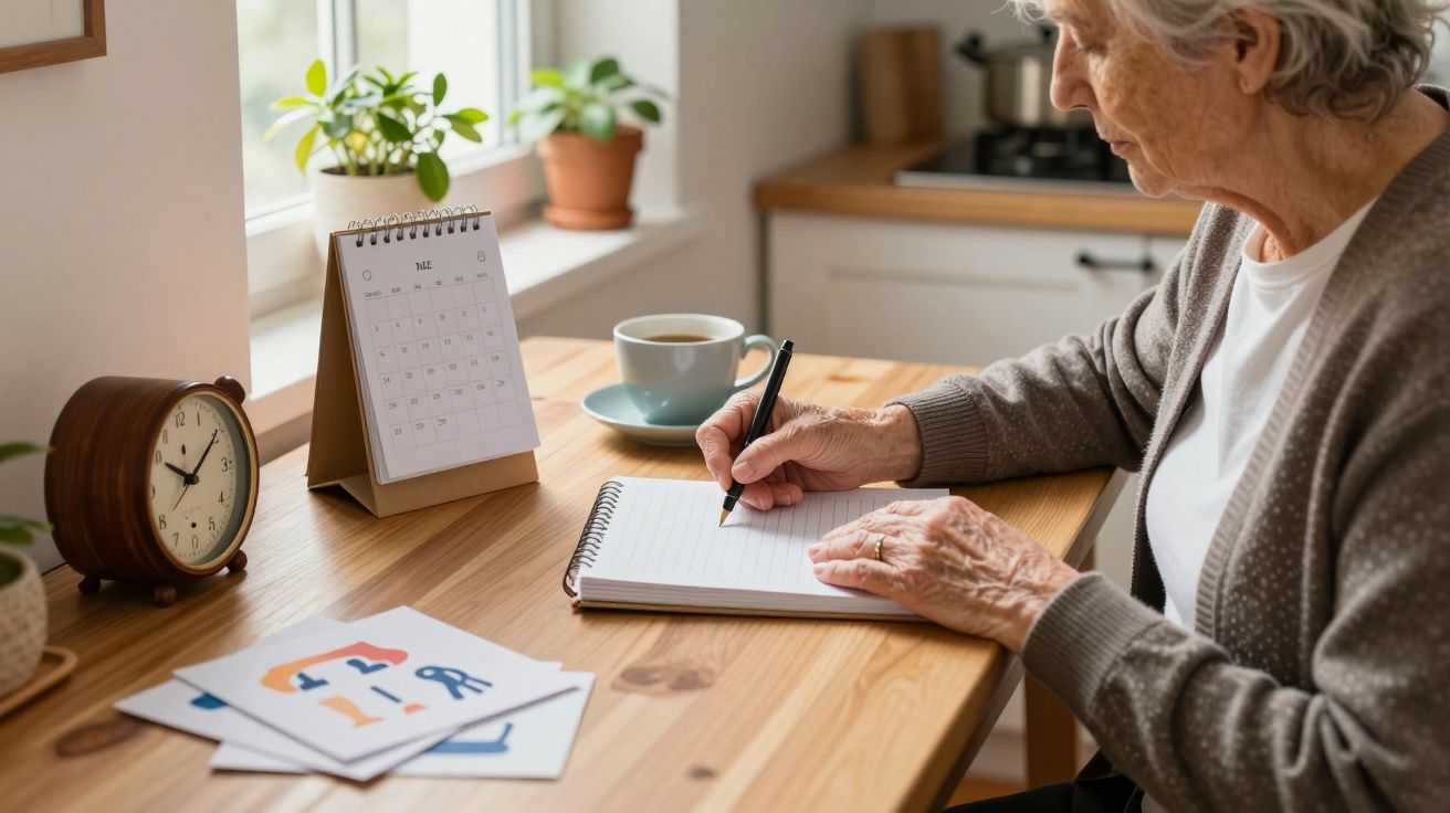 Idosa a escrever em caderno numa cozinha, com chávena de café, calendário e plantas em cima da mesa.