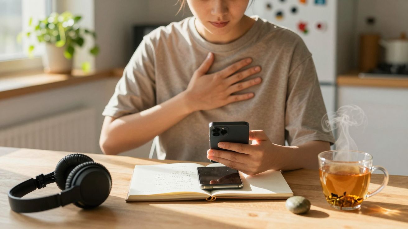 Pessoa com a mão no peito, segurando um telemóvel, sentada à mesa com caderno, auscultadores e chávena de chá.