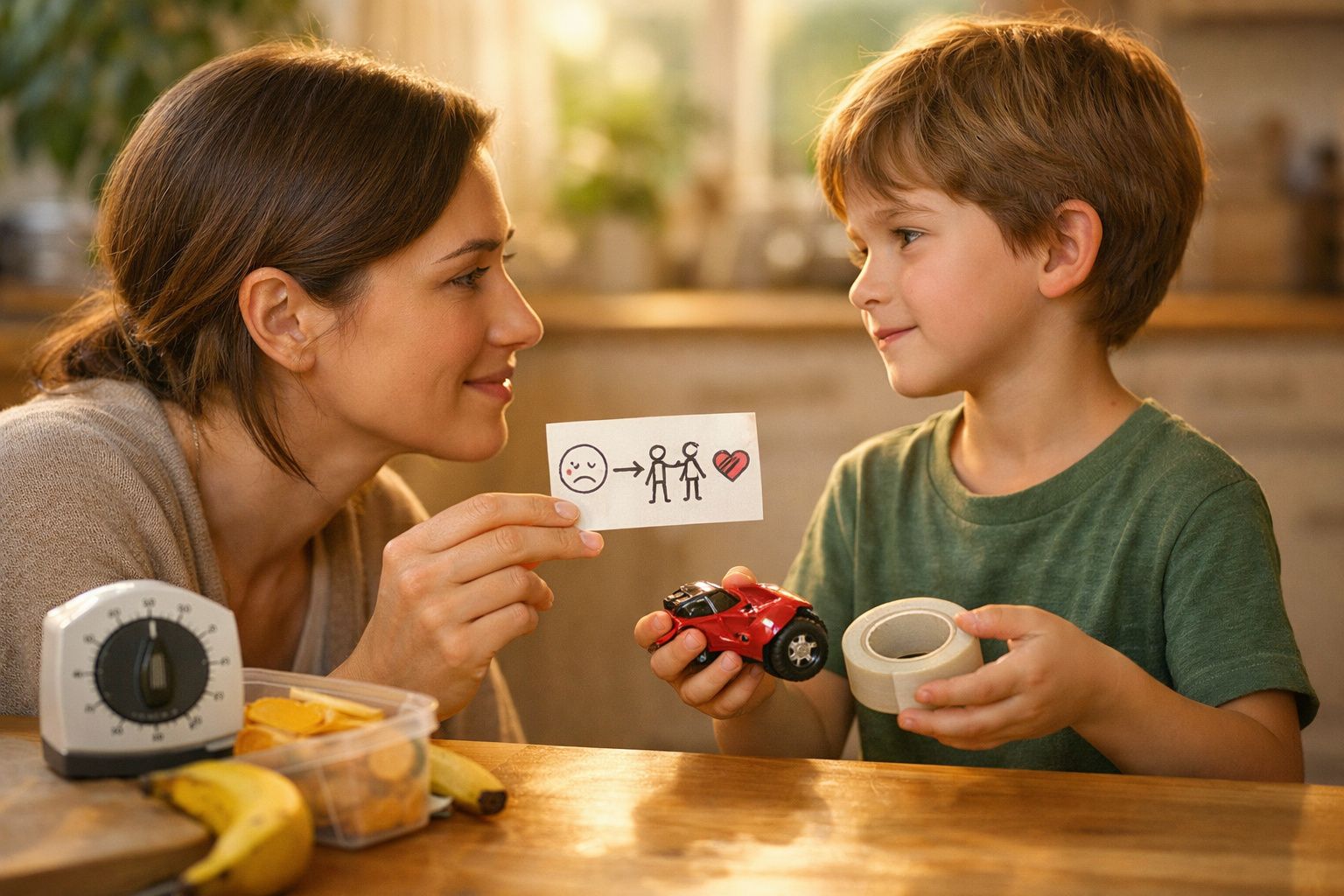 Mulher mostra cartão ilustrado a criança que segura copo de água e bolacha, em ambiente acolhedor e iluminado.