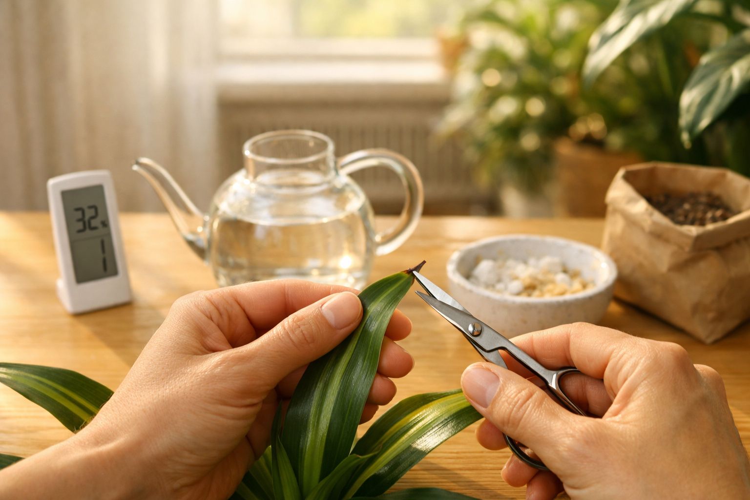 Mãos seguram folha de planta com bordas amareladas, enquanto ferramentas de jardinagem estão sobre a mesa.