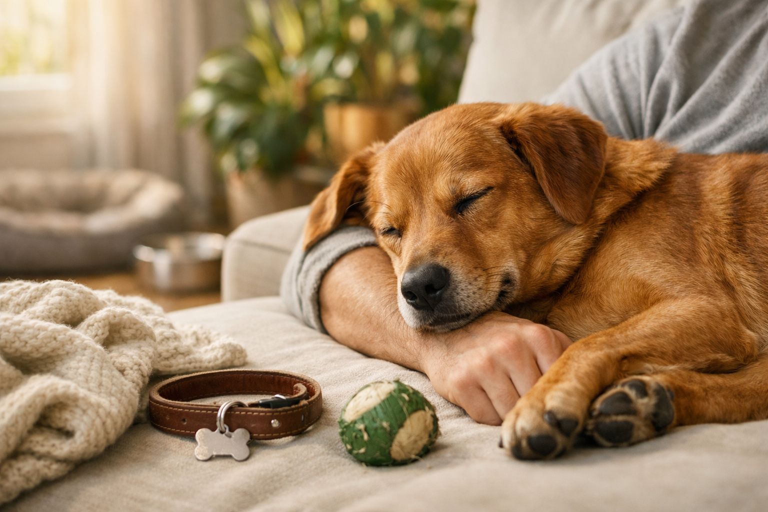Homem a descansar no sofá com um cão a dormir no colo. Próximo, estão uma caixa de primeiros socorros e brinquedos de cão.