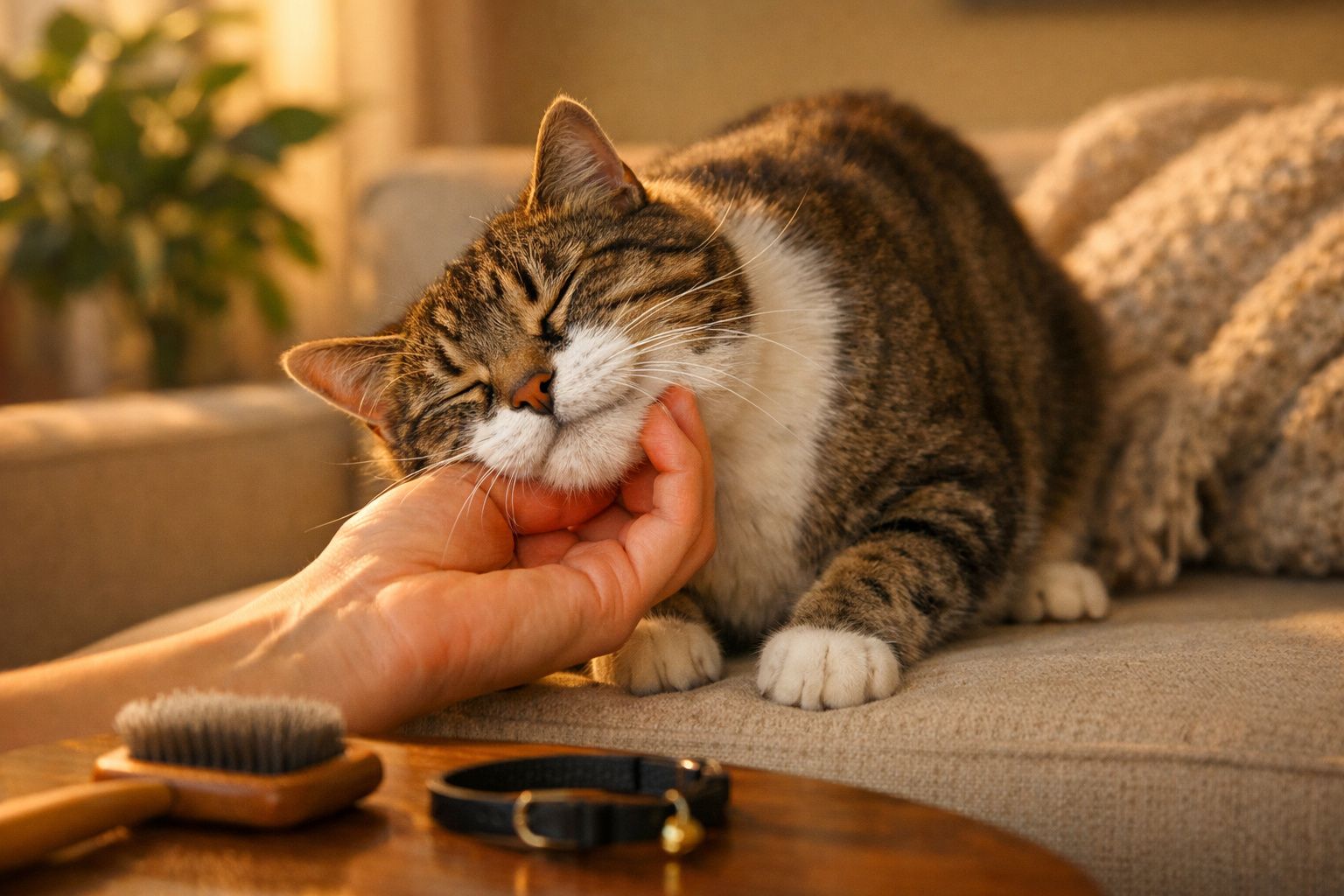 Gato listado relaxado num sofá, recebendo carinho no queixo de uma mão.