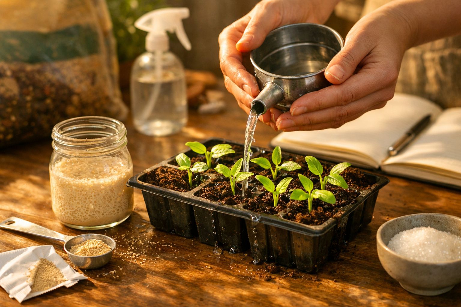 Mão a regar mudas de plantas em tabuleiro de sementeira numa mesa de madeira, com caderno e frascos ao fundo.