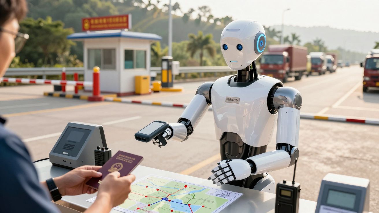 Robô de serviço num portão de controlo de fronteira verificando passaporte de um viajante numa estrada movimentada.