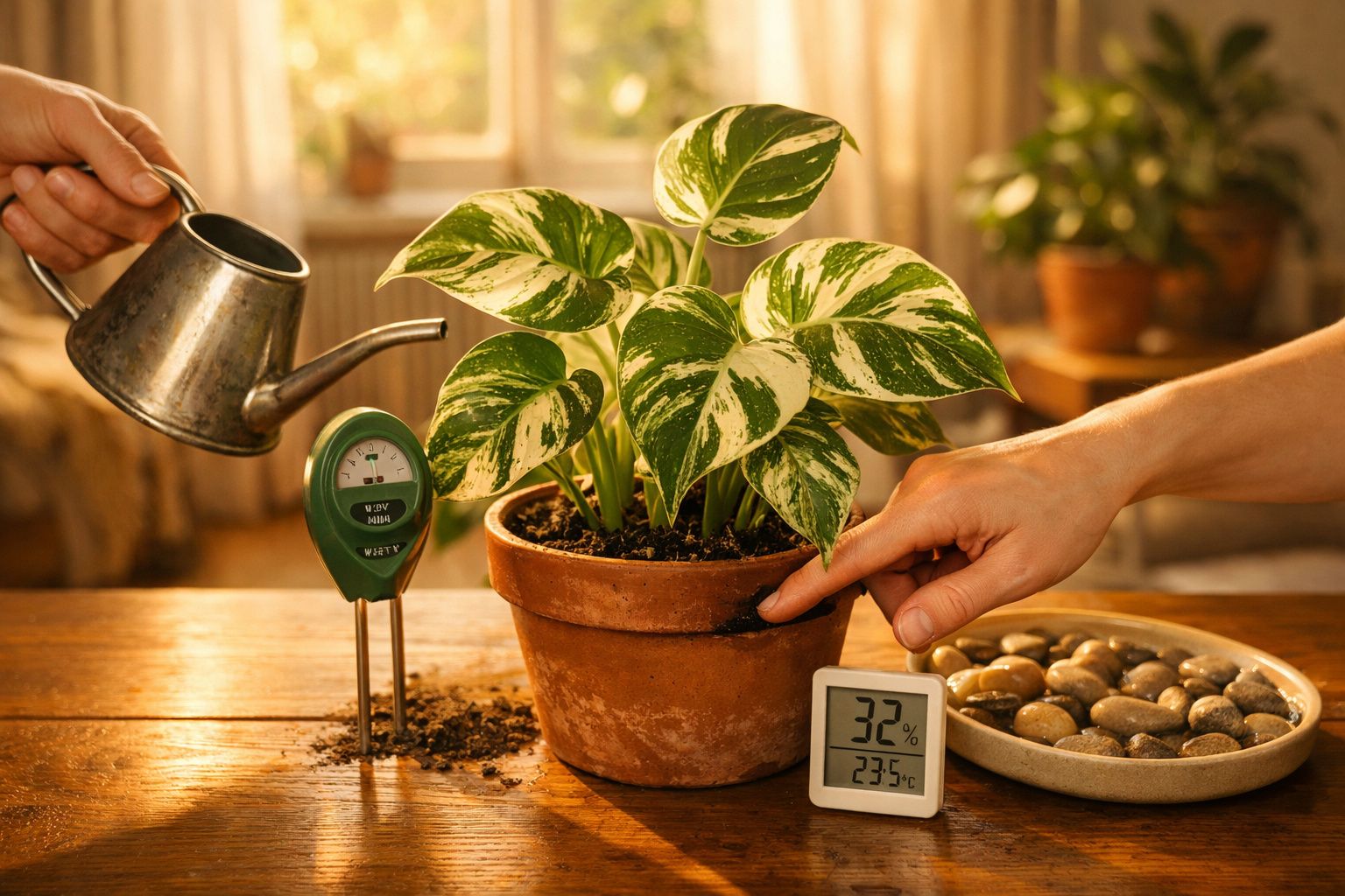 Pessoa cuida de planta com regador, medidor de humidade e termómetro digital, sobre mesa de madeira.