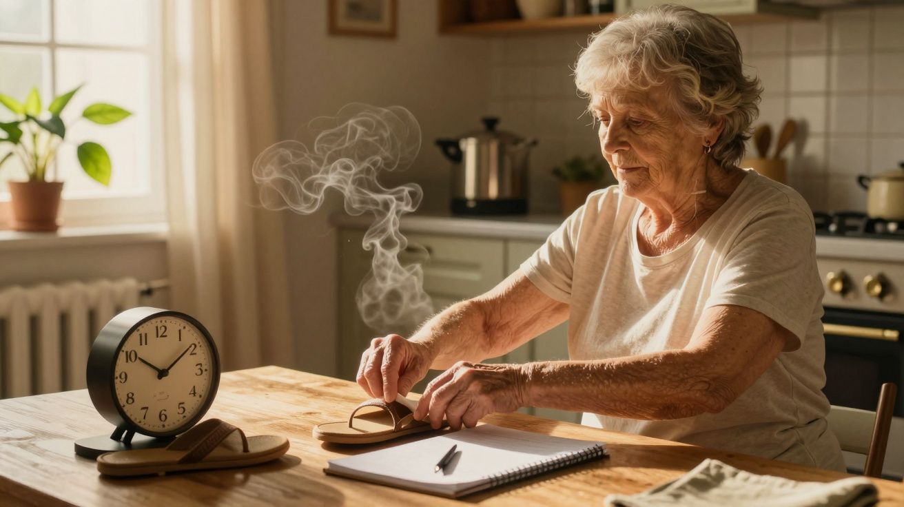 Idosa acende incenso numa cozinha enquanto olha para um caderno numa mesa de madeira, com um relógio ao lado.