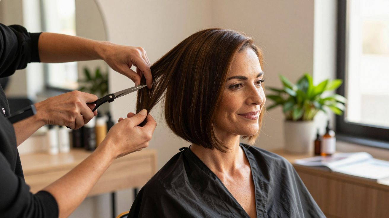 Mulher a receber corte de cabelo num salão, com cabeleireiro a usar tesoura.