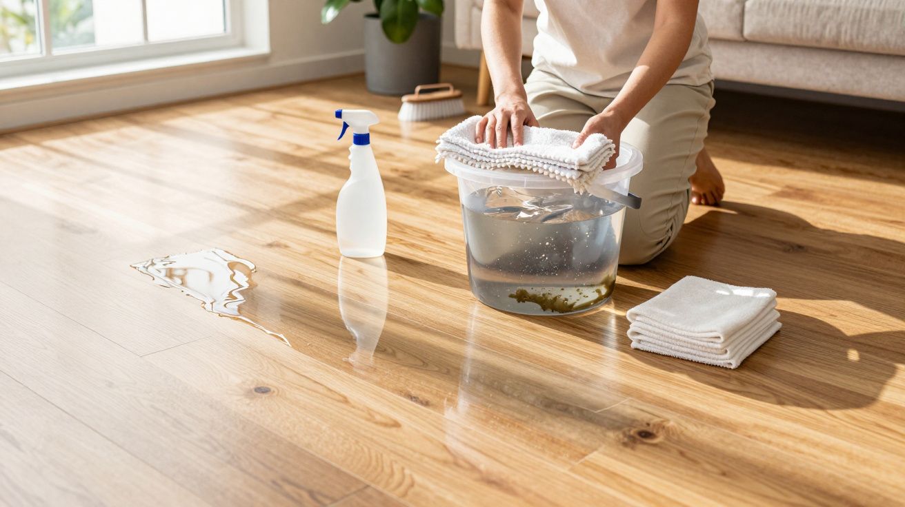 Pessoa a limpar chão de madeira com balde, panos e spray ao lado de uma janela ensolarada.