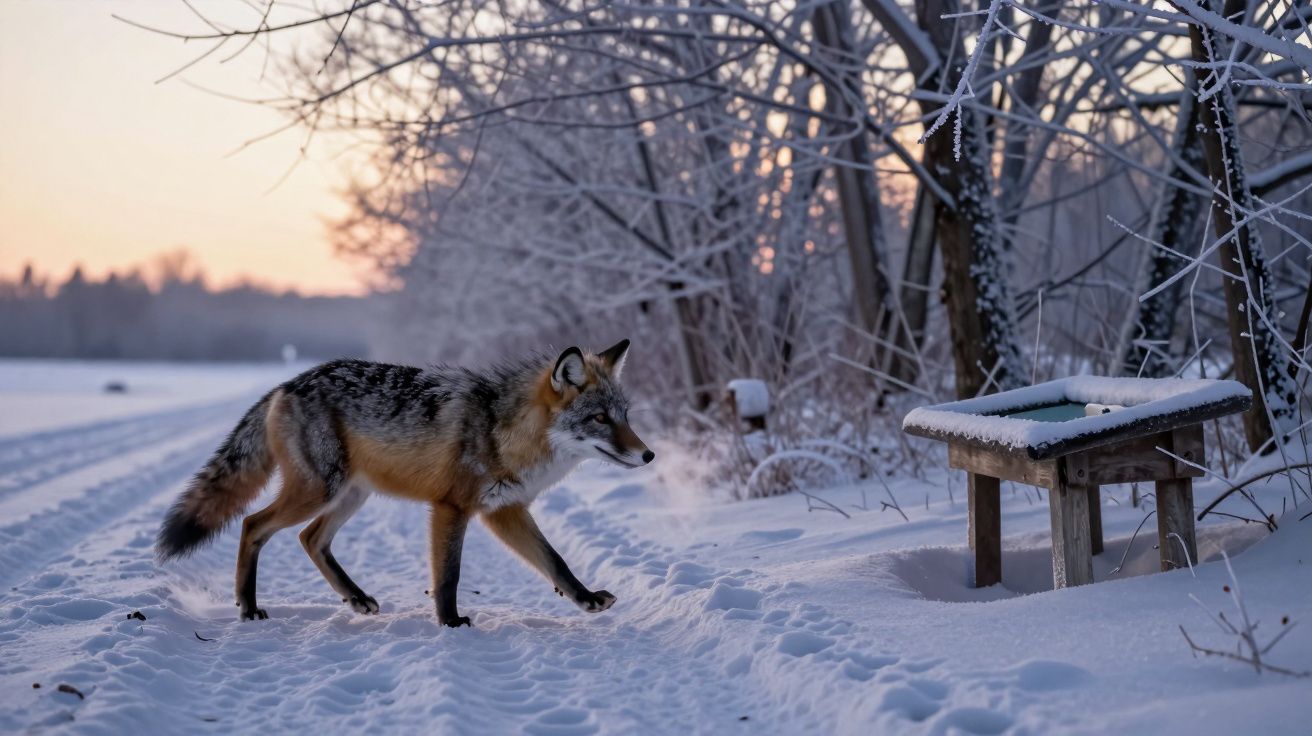 Raposa atravessa caminho coberto de neve ao amanhecer, com árvores geladas ao fundo e um cocho à direita.